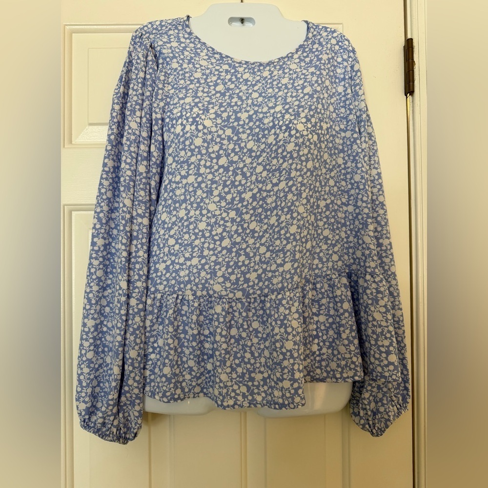Sienna Sky Blue & White Floral Peplum Blouse | Keyhole Back | Size M
